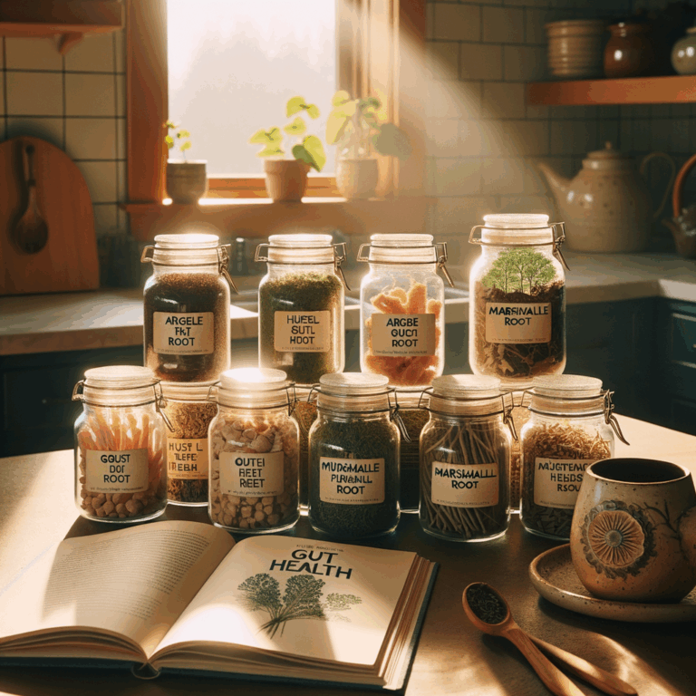 Generate an eye-catching, high-quality featured image prompt for a blog post about: Gut Health Herbs