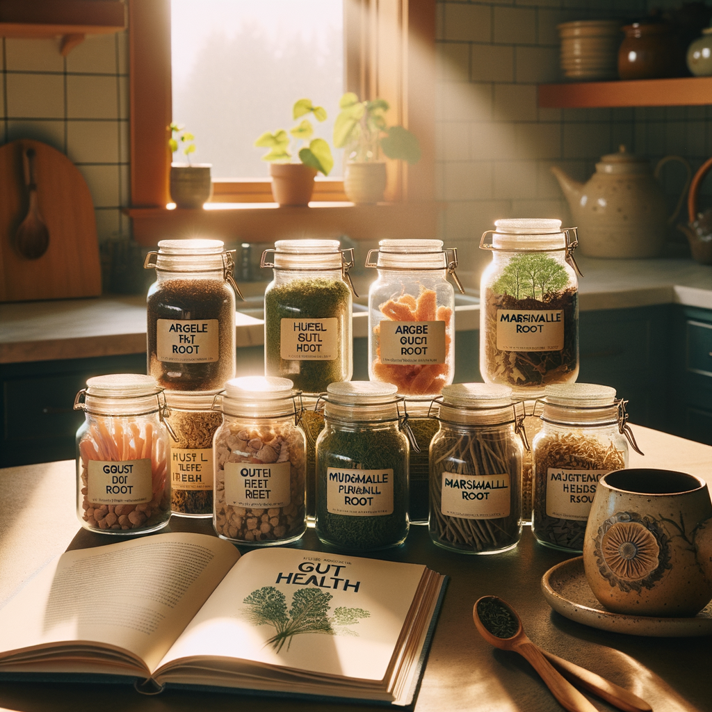 Generate an eye-catching, high-quality featured image prompt for a blog post about: Gut Health Herbs