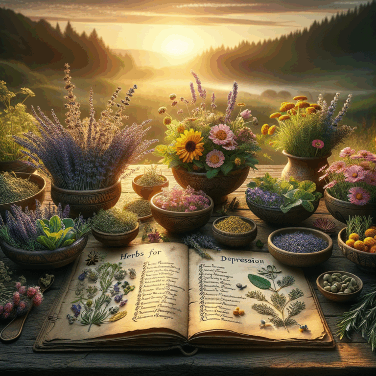 Generate an eye-catching, high-quality featured image prompt for a blog post about: Herbs for Depres