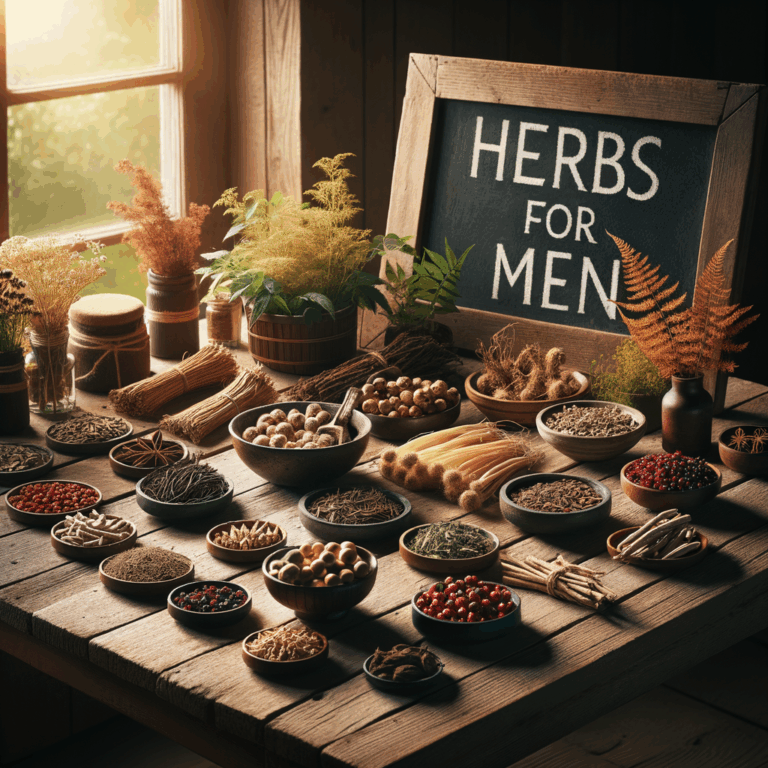 Generate an eye-catching, high-quality featured image prompt for a blog post about: Herbs for Men: M